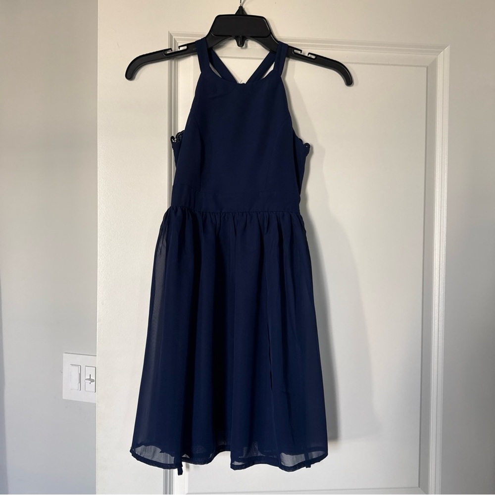 Girls Navy Size 8 Dress, Lace Back Design, Zip Closure.